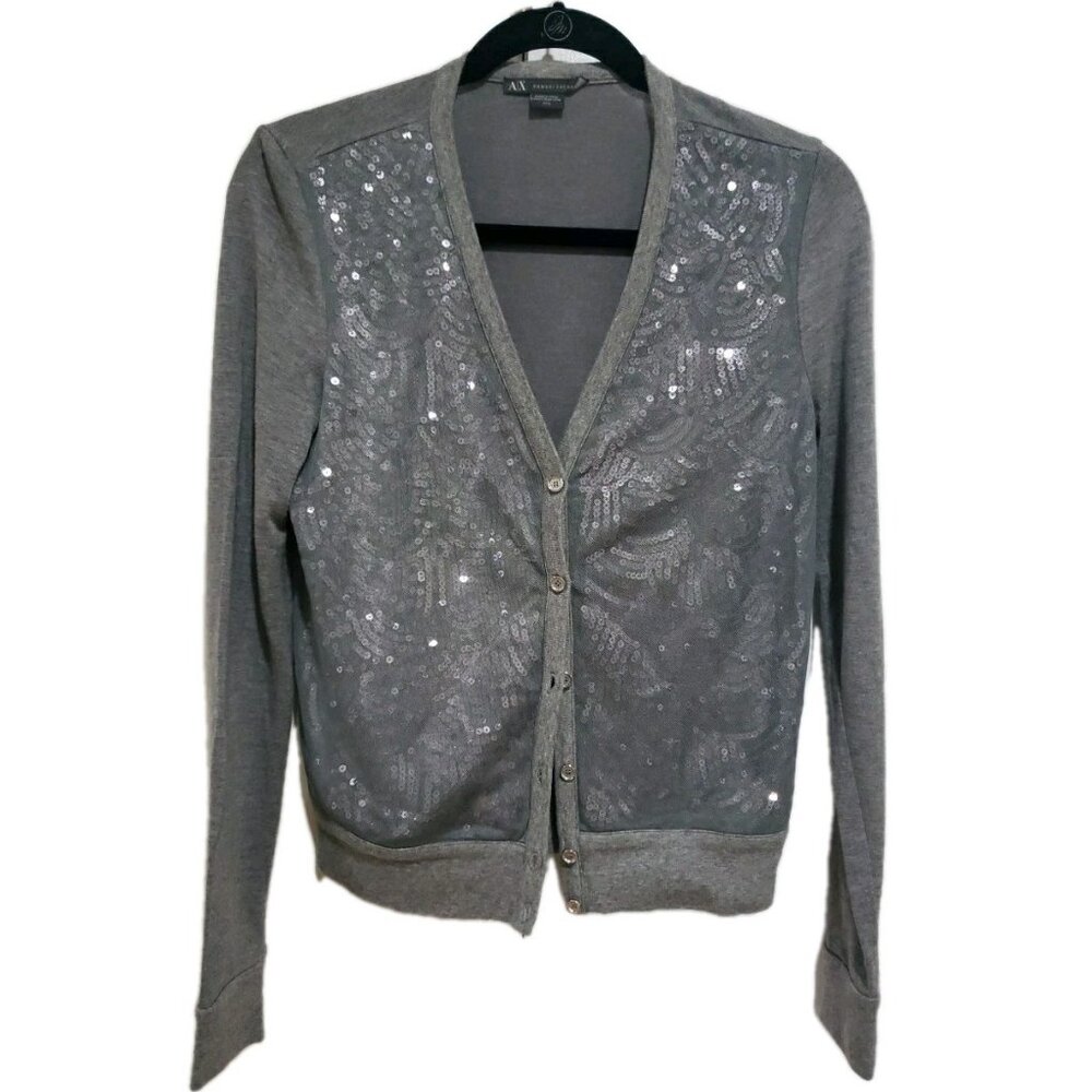 Armani Exchange AX Women's Grey Sequin Cardigan Size M Glam Sweater Disco Luxury
